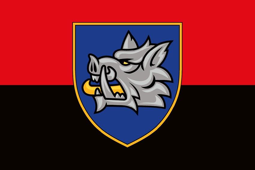 Прапор 153 окремої механізованої бригади (153 ОМБр) СВ ЗСУ (лого 3) червоно чорний