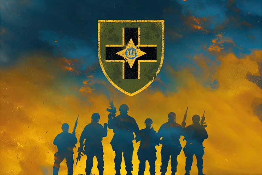 Прапор 28 ОМБр імені Лицарів Зимового Походу ЗСУ Воїни світла синьо жовтий