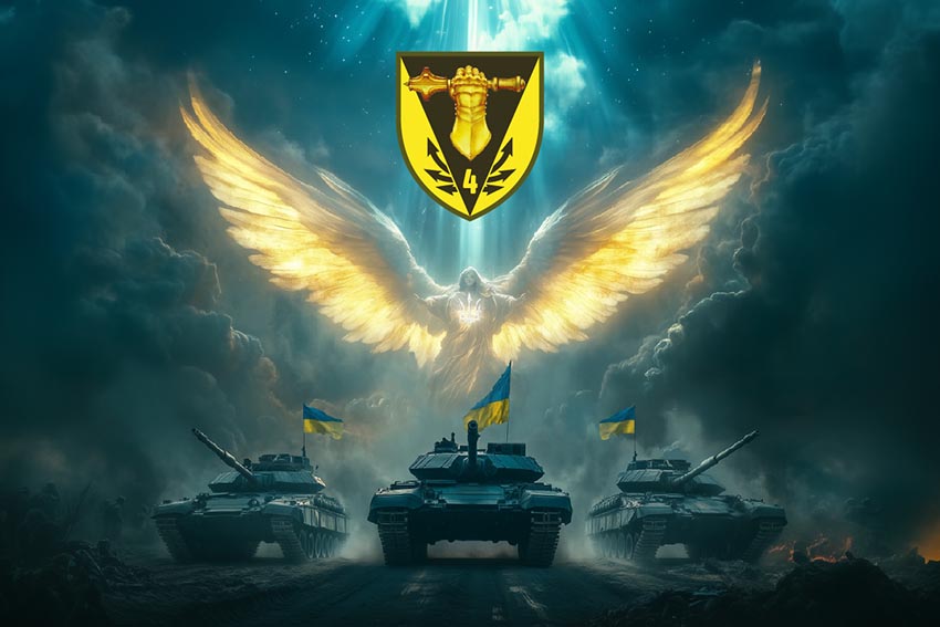 Прапор 4 окремої танкової бригади (4 ОТБр) імені Івана Виговського (лого 2) Янгол ЗСУ синій