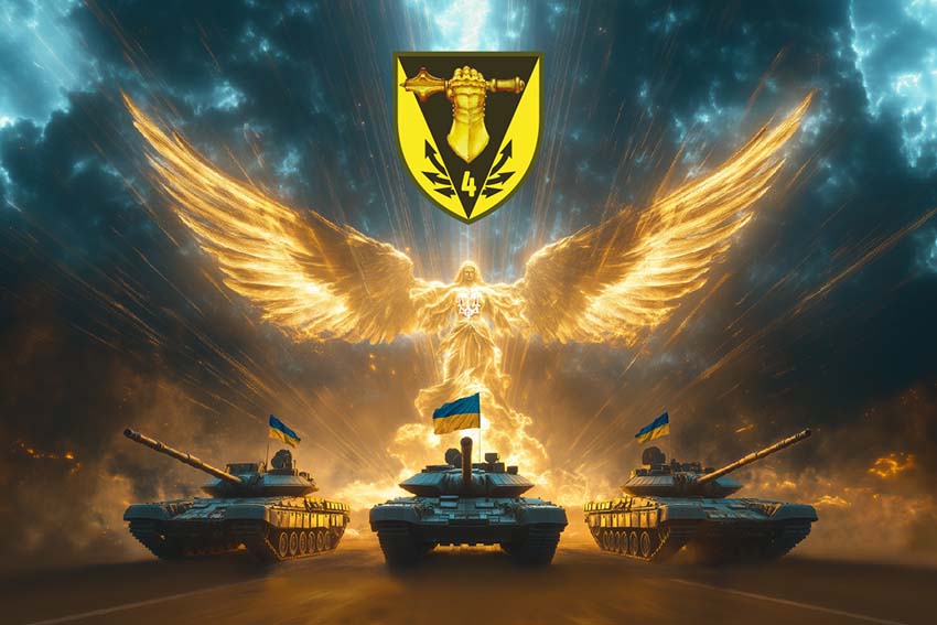 Прапор 4 окремої танкової бригади (4 ОТБр) імені Івана Виговського (лого 2) Янгол ЗСУ золотий