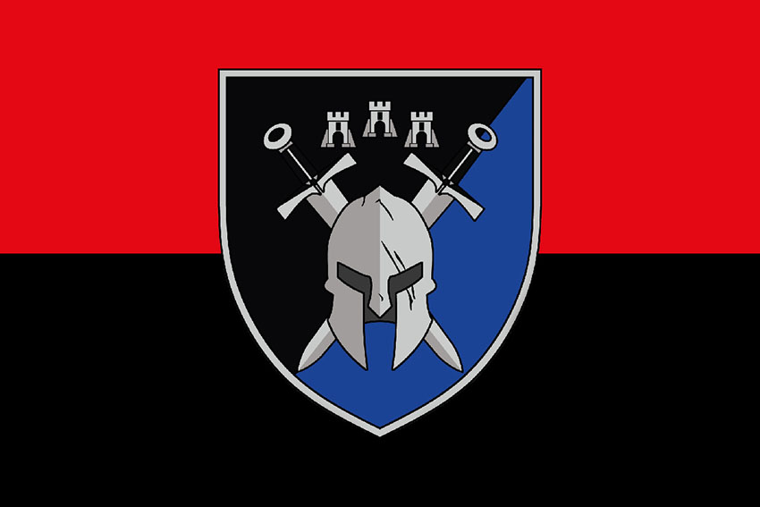 Прапор 42 окремої механізованої бригади (42 ОМБр) СВ ЗСУ (лого 3) червоно чорний