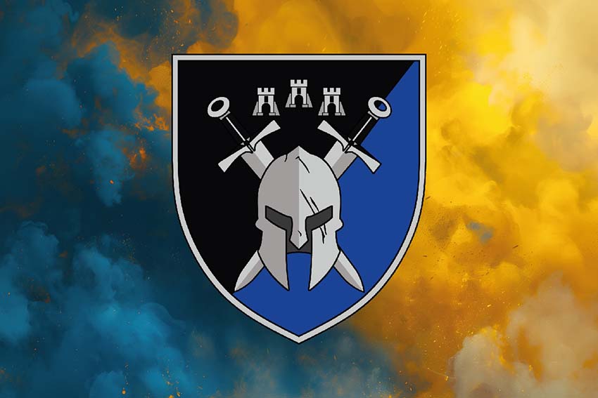 Прапор 42 окремої механізованої бригади (42 ОМБр) СВ ЗСУ (лого 3) синьо жовтий світанок