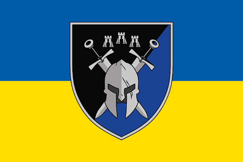 Прапор 42 окремої механізованої бригади (42 ОМБр) СВ ЗСУ (лого 3) синьо жовтий