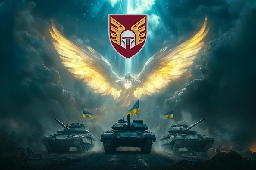 Прапор 46 ОАеМБр (окремої аеромобільної бригади) ДШВ Янгол ЗСУ синій