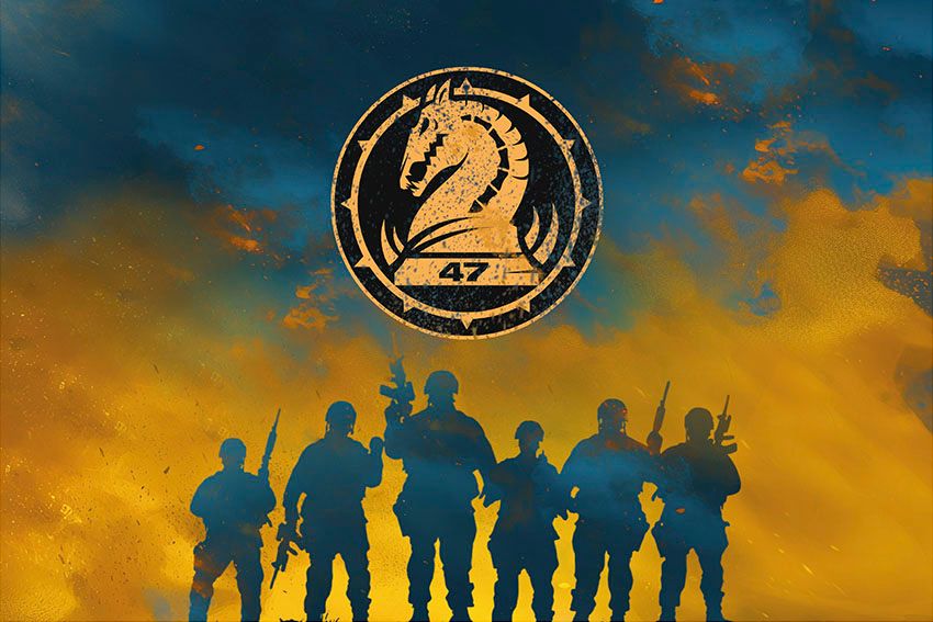 Прапор 47 окремої механізованої бригади «Маґура» (47 ОМБр) ЗСУ (лого 2) Воїни світла синьо жовтий