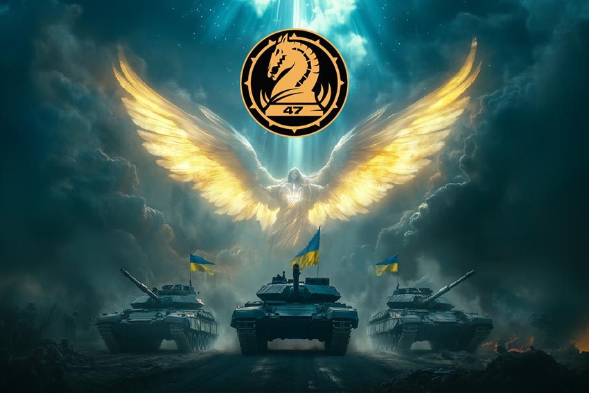 Прапор 47 окремої механізованої бригади «Маґура» (47 ОМБр) ЗСУ (лого 2) Янгол ЗСУ синій