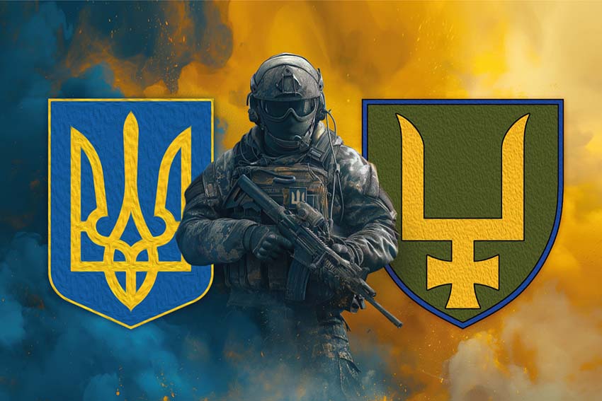 Прапор 53 окремої механізованої бригади (53 ОМБр) імені Володимира Мономаха ЗСУ (лого 2) Воїн з гербом України та підрозділу