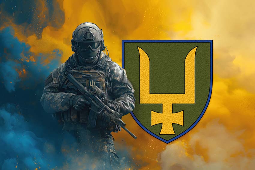 Прапор 53 окремої механізованої бригади (53 ОМБр) імені Володимира Мономаха ЗСУ (лого 2) Воїн з гербом підрозділу