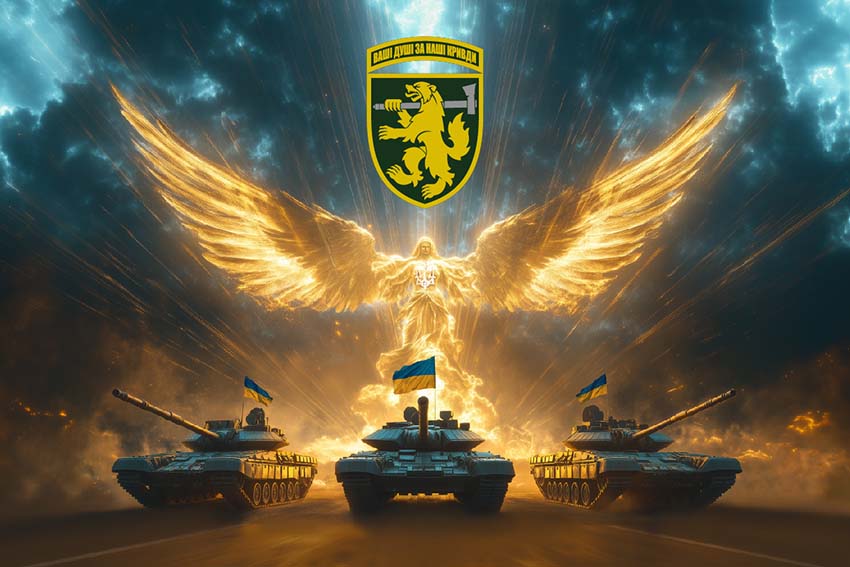 Прапор 68 ОЄБр імені Олекси Довбуша Янгол ЗСУ золотий