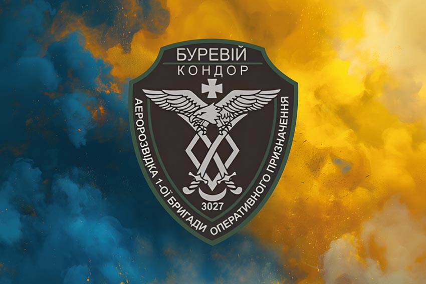 Прапор підрозділу аеророзвідки спеціального призначення 1 БрОП «Буревій кондор» НГУ синьо жовтий світанок