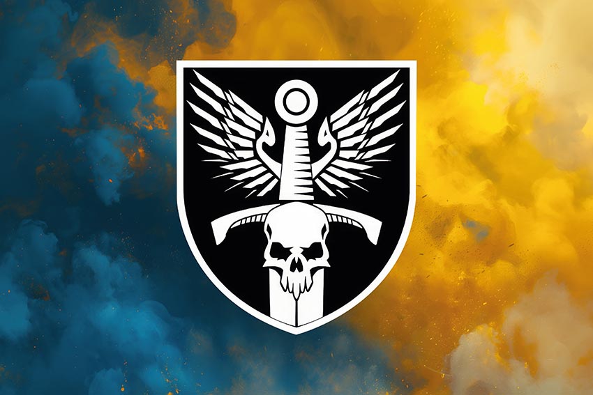 Прапор роти ударних БПЛА 33 ОМБр ЗСУ (лого 2) синьо жовтий світанок