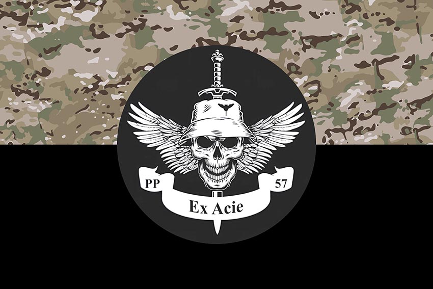 Прапор роти ударних БПЛА «Ex Acie» 57 ОМПБр імені Костя Гордієнка ЗСУ камуфляж чорний