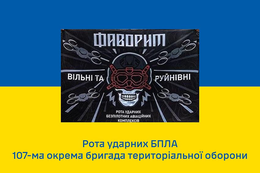 Прапор роти ударних БПЛА «Фаворит» 107 ОБрТрО ЗСУ синьо жовтий 1