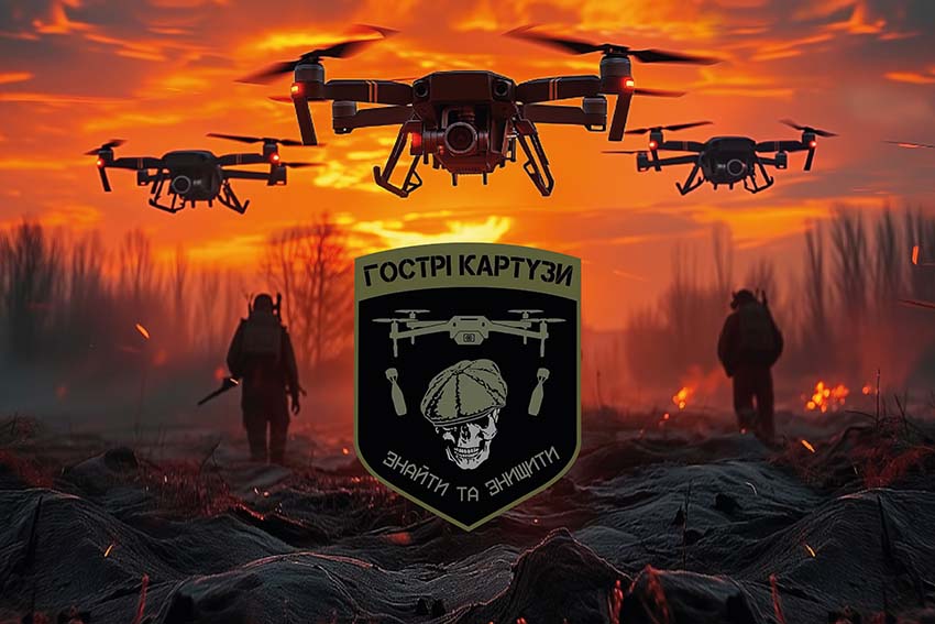 Прапор роти ударних БПЛА «Гострі Картузи» Спецпідрозділу НГУ «Омега» ЗСУ дрони