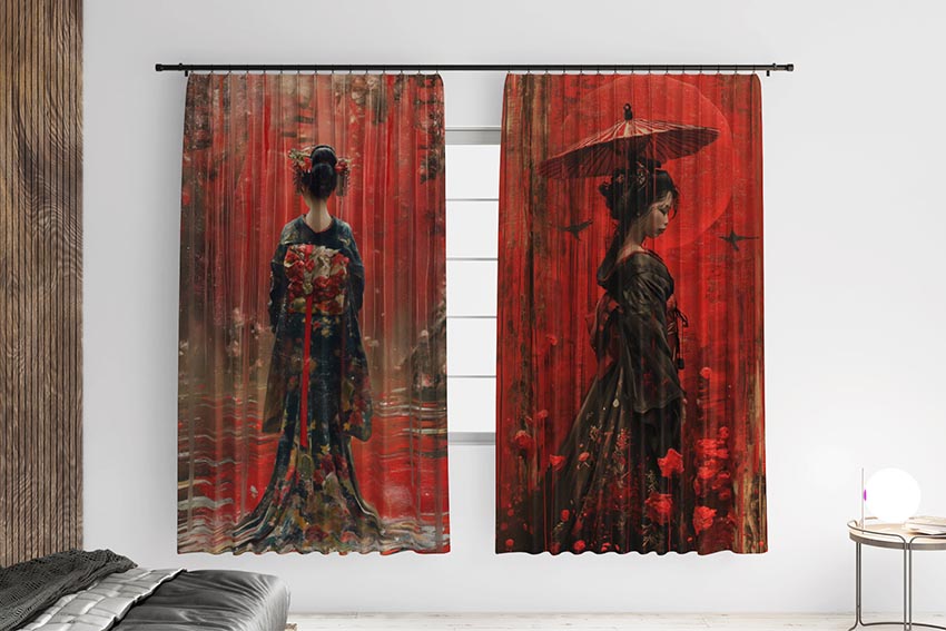 Японська дівчина на червоному фоні Japanese girl on a red background